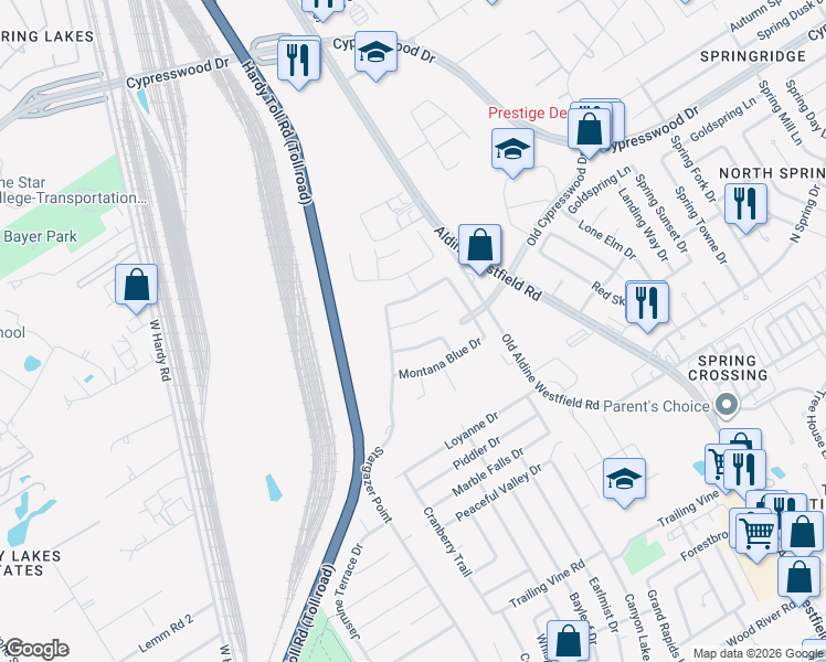 map of restaurants, bars, coffee shops, grocery stores, and more near 2422 Spring Lily Court in Spring