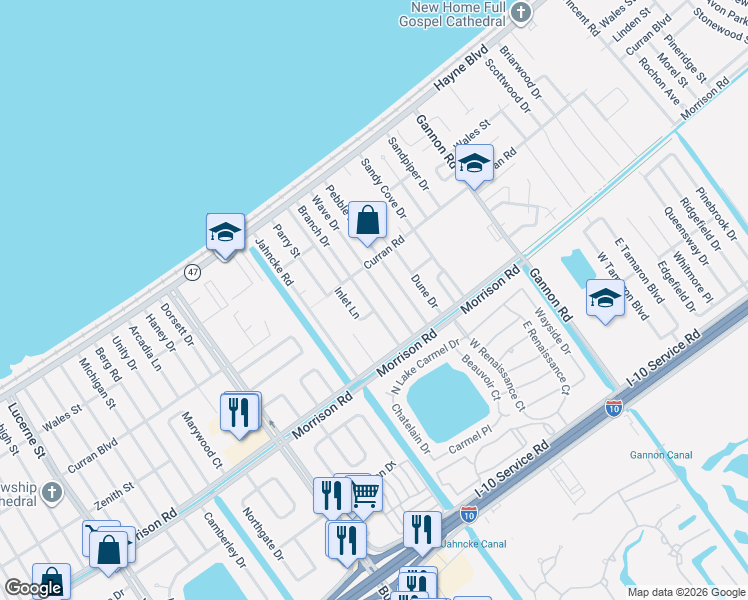 map of restaurants, bars, coffee shops, grocery stores, and more near 7631 Wave Drive in New Orleans