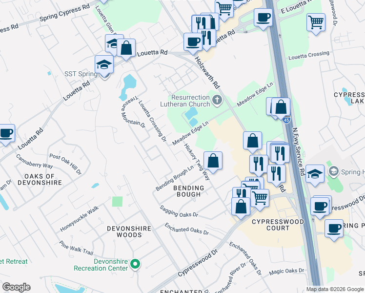map of restaurants, bars, coffee shops, grocery stores, and more near 1903 Meadow Edge Lane in Spring