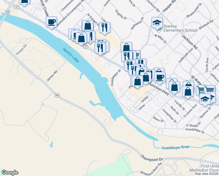 map of restaurants, bars, coffee shops, grocery stores, and more near 1011 Guadalupe Street in Kerrville
