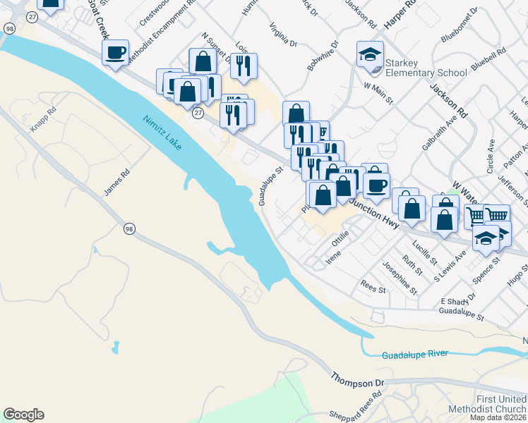 map of restaurants, bars, coffee shops, grocery stores, and more near 1012 Guadalupe Street in Kerrville