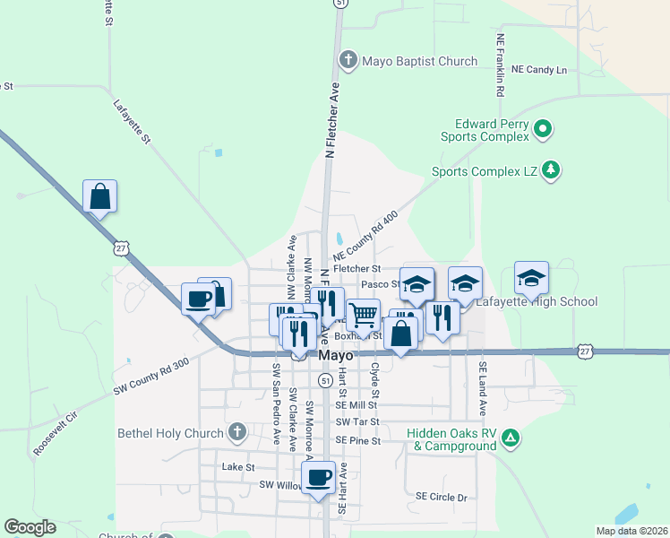 map of restaurants, bars, coffee shops, grocery stores, and more near 611 Fletcher Street in Mayo