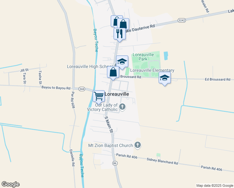 map of restaurants, bars, coffee shops, grocery stores, and more near in Loreauville