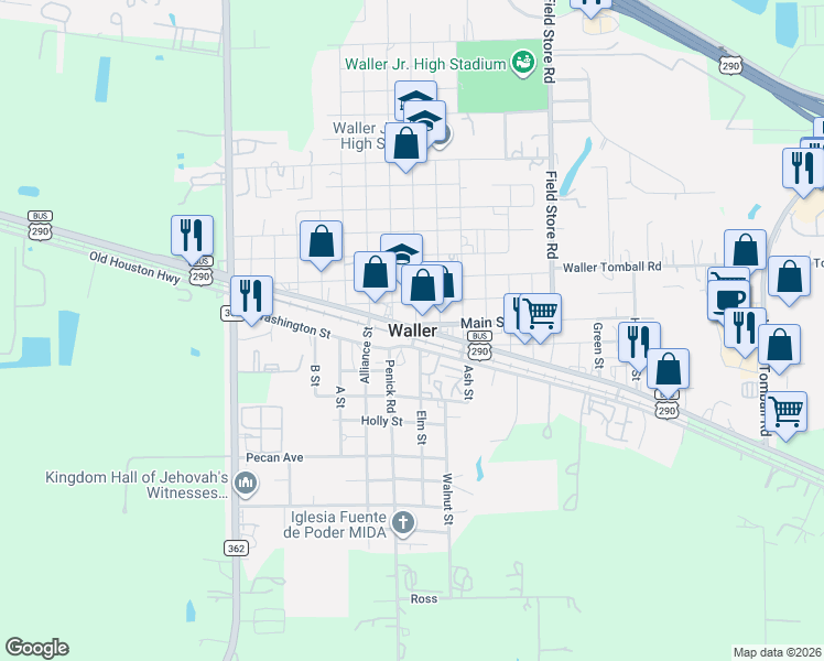 map of restaurants, bars, coffee shops, grocery stores, and more near in Waller