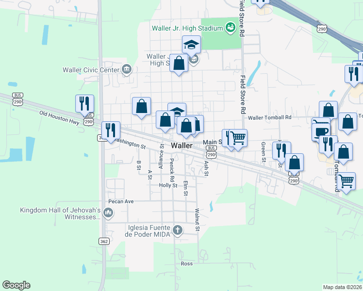 map of restaurants, bars, coffee shops, grocery stores, and more near in Waller
