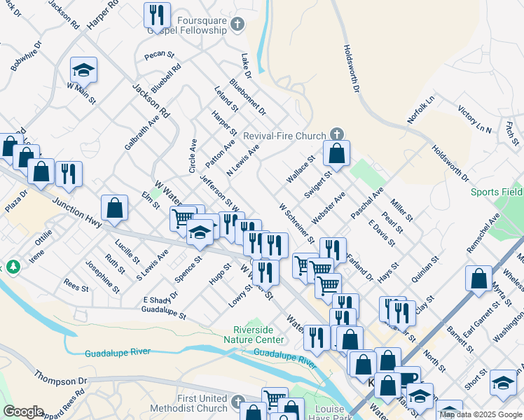 map of restaurants, bars, coffee shops, grocery stores, and more near 324 Cottage Street in Kerrville