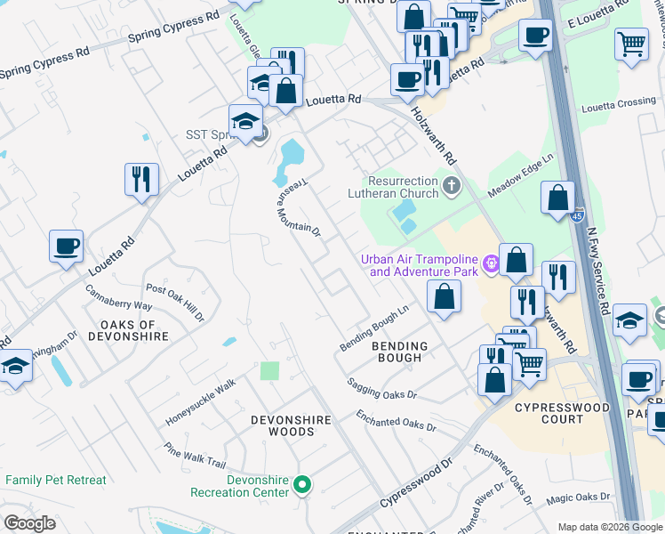 map of restaurants, bars, coffee shops, grocery stores, and more near 2007 Louetta Mist Drive in Spring