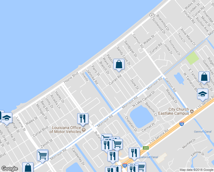 map of restaurants, bars, coffee shops, grocery stores, and more near 12401 Curran Boulevard in New Orleans