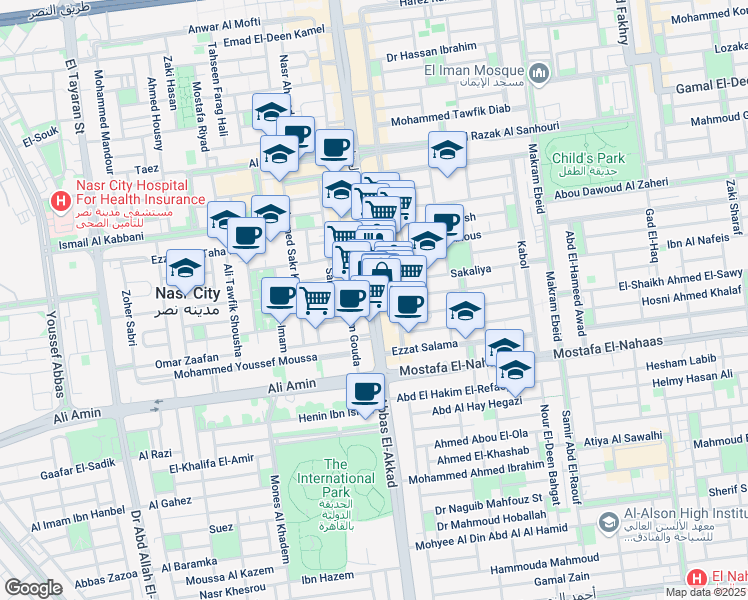 map of restaurants, bars, coffee shops, grocery stores, and more near Abbas El-Akkad in Nasr City