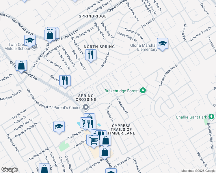 map of restaurants, bars, coffee shops, grocery stores, and more near 23847 Pebworth Place in Spring