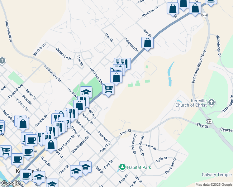 map of restaurants, bars, coffee shops, grocery stores, and more near 1407 Sidney Baker Street in Kerrville