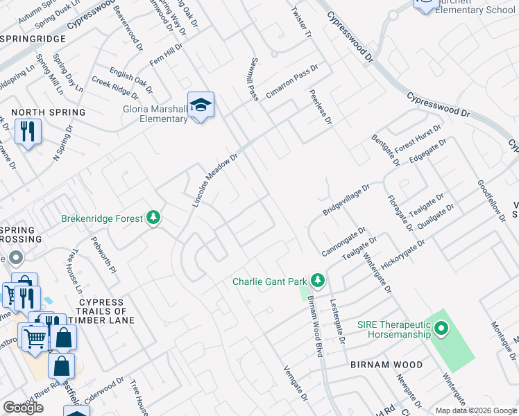 map of restaurants, bars, coffee shops, grocery stores, and more near 3727 Indigo Forest Street in Spring