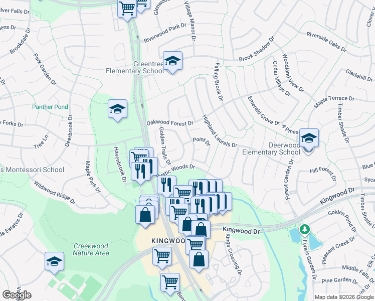 map of restaurants, bars, coffee shops, grocery stores, and more near 3318 Cape Forest Drive in Houston