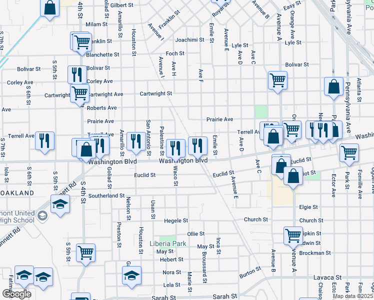 map of restaurants, bars, coffee shops, grocery stores, and more near 2150 Rockwell Street in Beaumont