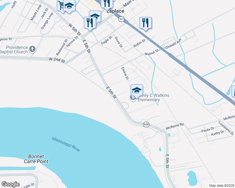map of restaurants, bars, coffee shops, grocery stores, and more near 511 Janice Lane in LaPlace