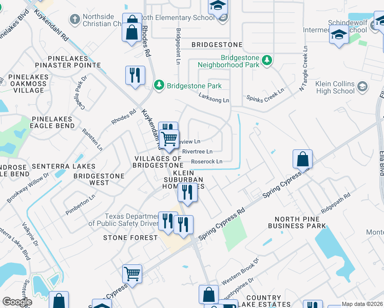 map of restaurants, bars, coffee shops, grocery stores, and more near 4811 Rivertree Lane in Spring
