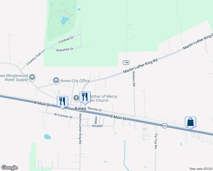 map of restaurants, bars, coffee shops, grocery stores, and more near 330 Martin Luther King Road in Ames