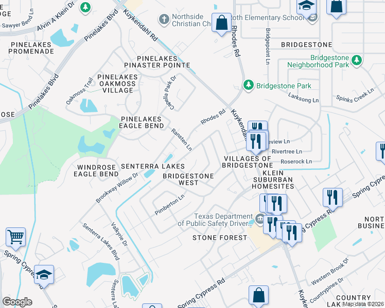 map of restaurants, bars, coffee shops, grocery stores, and more near 5301 Aberton Lane in Spring