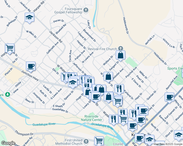 map of restaurants, bars, coffee shops, grocery stores, and more near 324 Cottage Street in Kerrville