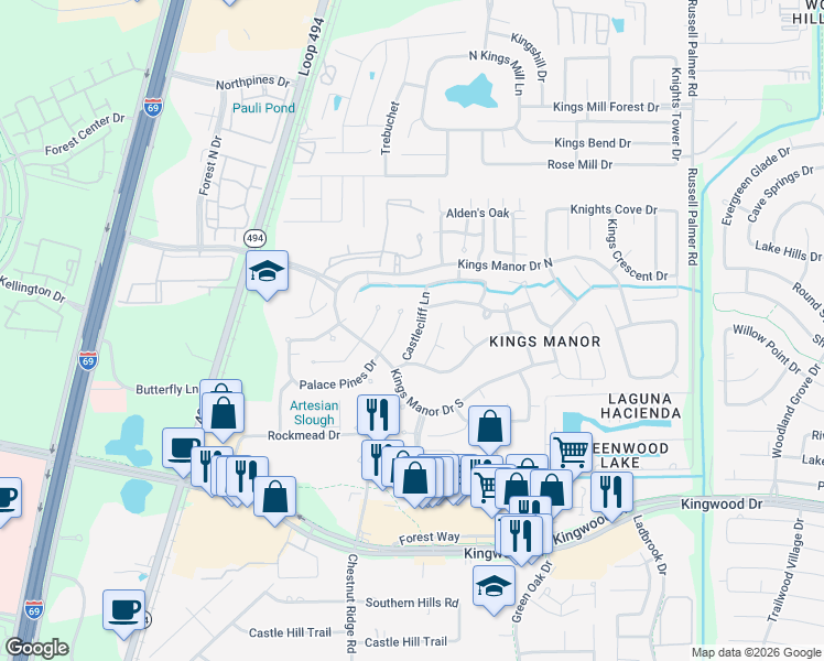 map of restaurants, bars, coffee shops, grocery stores, and more near 26887 Castlecliff Lane in Humble