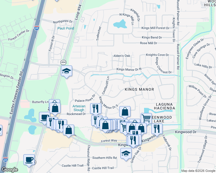 map of restaurants, bars, coffee shops, grocery stores, and more near 26884 Castlecliff Lane in Humble