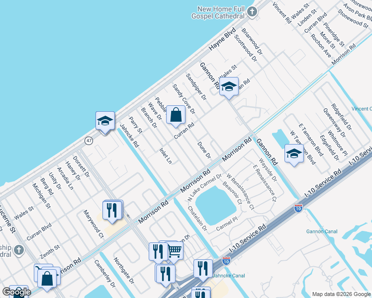 map of restaurants, bars, coffee shops, grocery stores, and more near 7631 Wave Drive in New Orleans