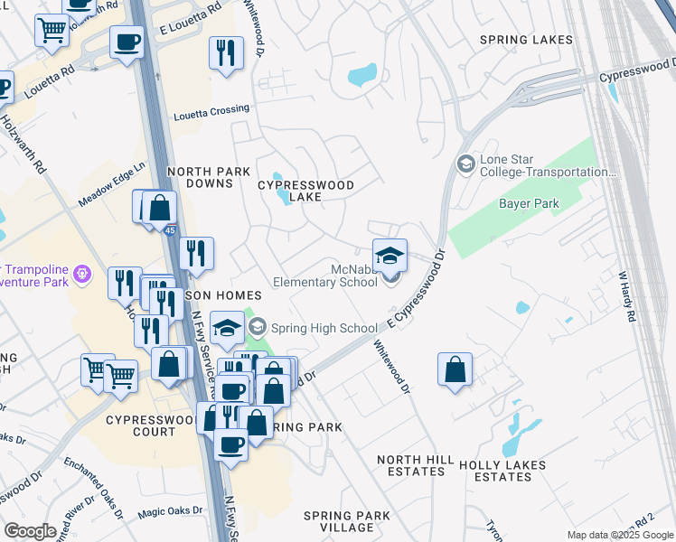map of restaurants, bars, coffee shops, grocery stores, and more near 654 Cypresswood Trace in Spring