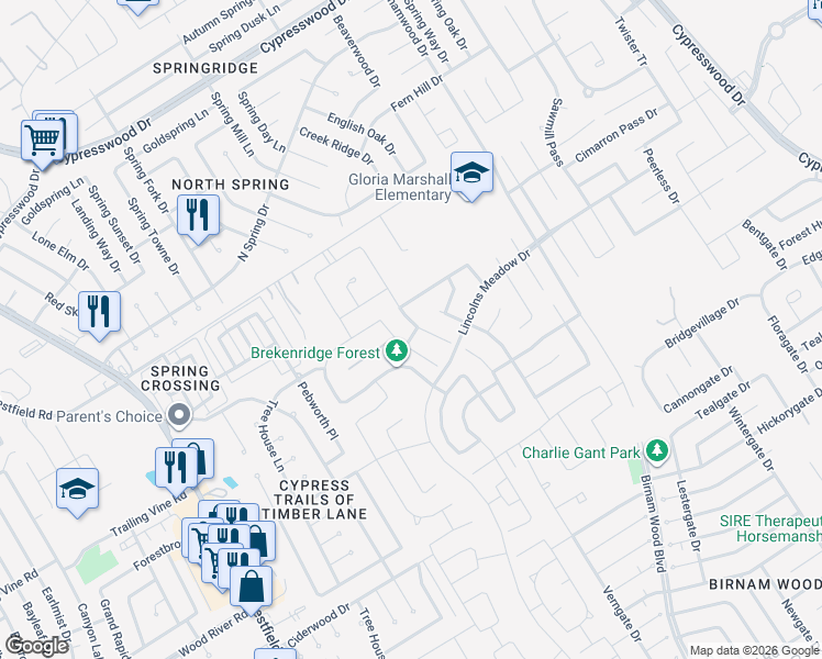 map of restaurants, bars, coffee shops, grocery stores, and more near 2506 Joyful Forest Drive in Spring