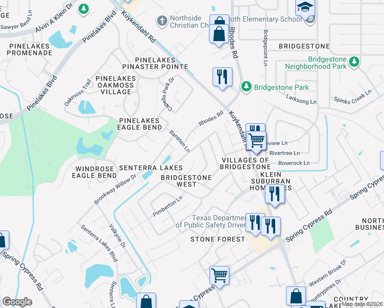 map of restaurants, bars, coffee shops, grocery stores, and more near 5301 Aberton Lane in Spring