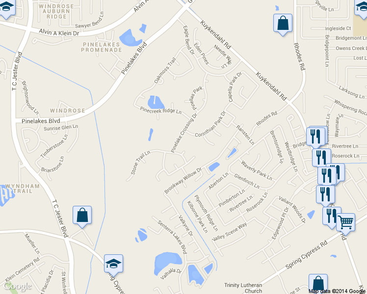 map of restaurants, bars, coffee shops, grocery stores, and more near 20111 Windbury Court in Spring