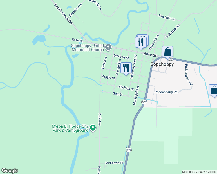 map of restaurants, bars, coffee shops, grocery stores, and more near 27 Sheldon Street in Sopchoppy