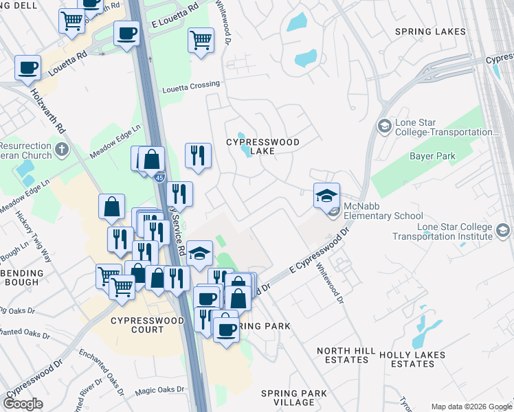 map of restaurants, bars, coffee shops, grocery stores, and more near 547 Cypresswood Trace in Spring