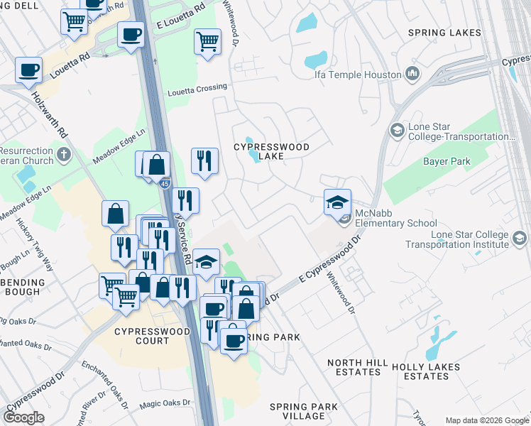 map of restaurants, bars, coffee shops, grocery stores, and more near 547 Cypresswood Trace in Spring