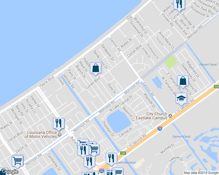 map of restaurants, bars, coffee shops, grocery stores, and more near 7580 Dune Drive in New Orleans