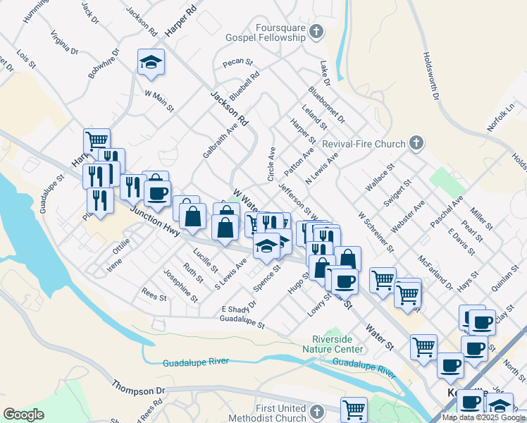 map of restaurants, bars, coffee shops, grocery stores, and more near 420 West Water Street in Kerrville