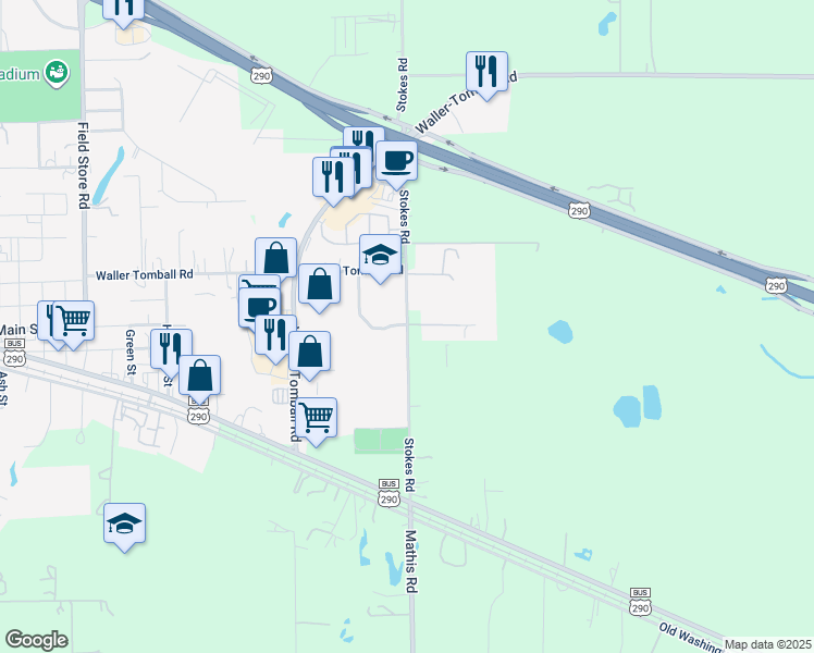 map of restaurants, bars, coffee shops, grocery stores, and more near 19380 Stokes Rd in Waller