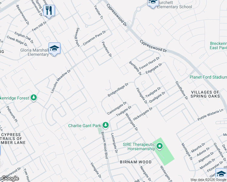 map of restaurants, bars, coffee shops, grocery stores, and more near 4507 Bridgevillage Drive in Spring