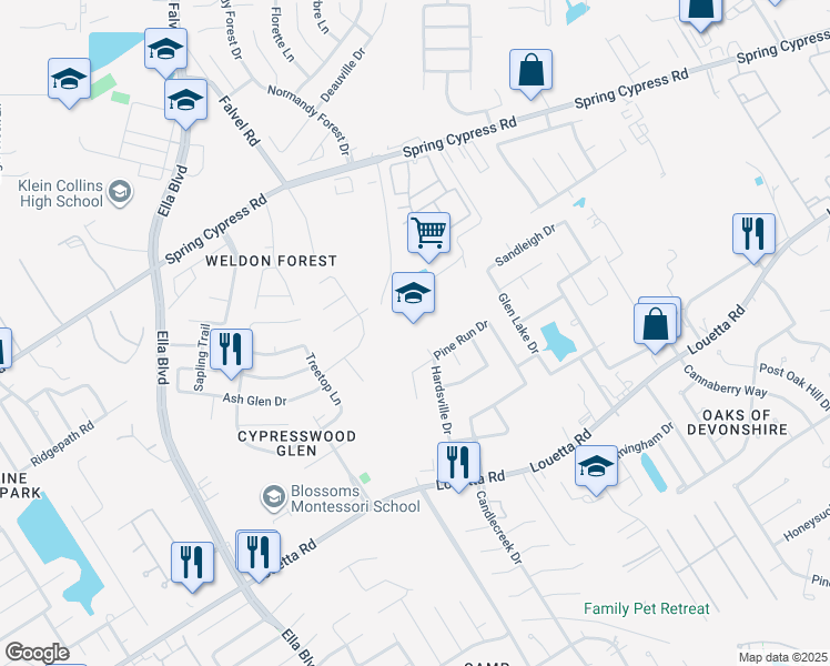 map of restaurants, bars, coffee shops, grocery stores, and more near in Spring