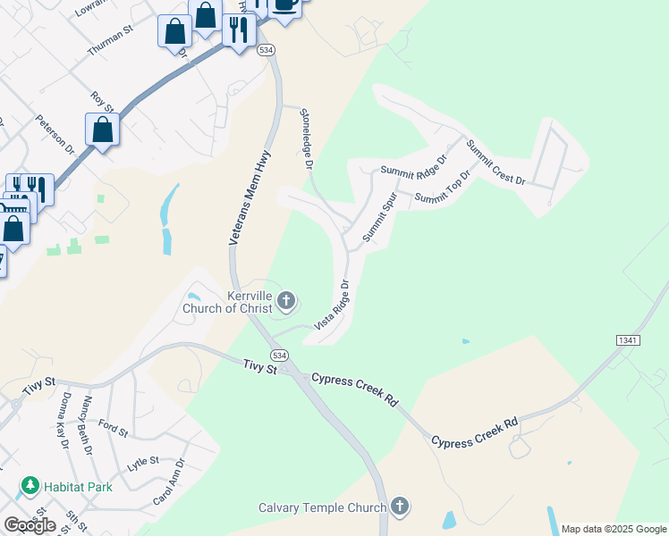 map of restaurants, bars, coffee shops, grocery stores, and more near 2012 Vista Ridge Drive in Kerrville