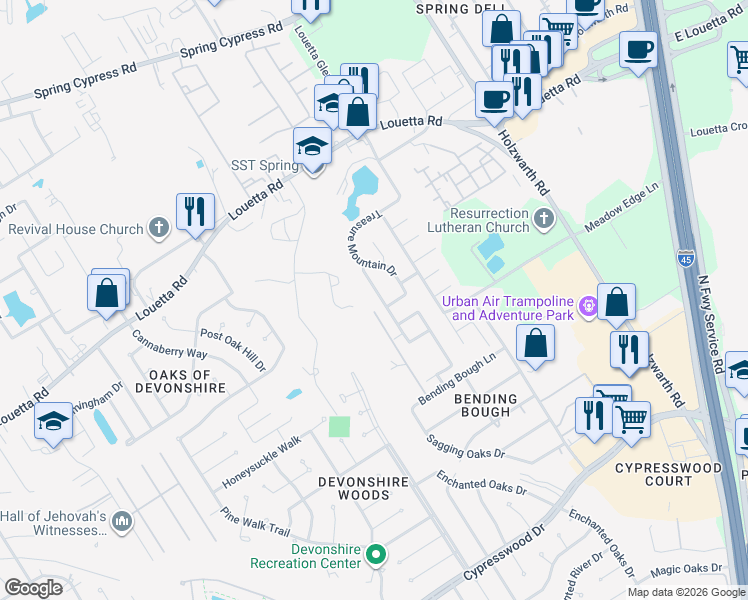 map of restaurants, bars, coffee shops, grocery stores, and more near 20315 Louetta Reach Drive in Spring