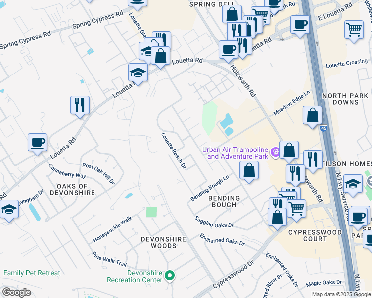 map of restaurants, bars, coffee shops, grocery stores, and more near 2007 Louetta Mist Drive in Spring