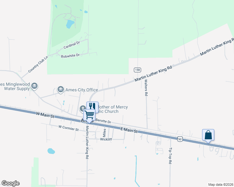 map of restaurants, bars, coffee shops, grocery stores, and more near 330 Martin L King Street North in Ames