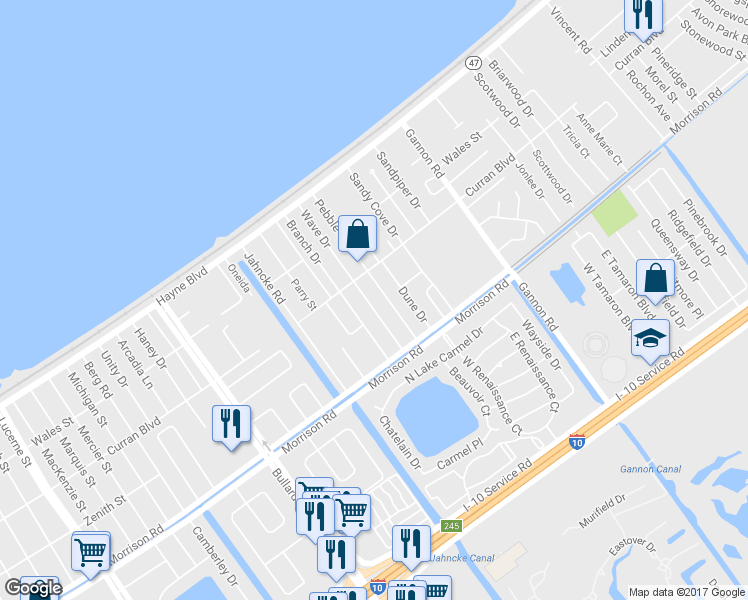 map of restaurants, bars, coffee shops, grocery stores, and more near 7631 Wave Drive in New Orleans