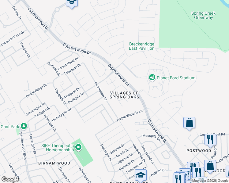 map of restaurants, bars, coffee shops, grocery stores, and more near 5106 Caymus Drive in Spring
