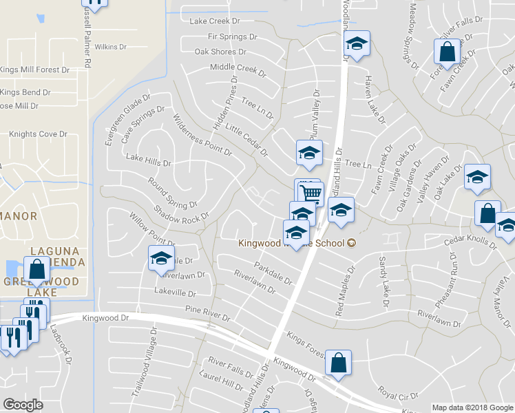 map of restaurants, bars, coffee shops, grocery stores, and more near 2136 Lake Hills Drive in Houston