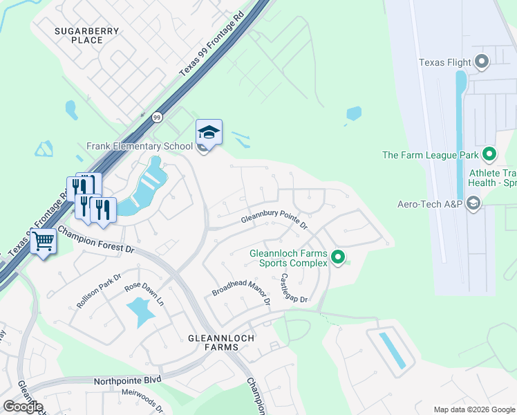 map of restaurants, bars, coffee shops, grocery stores, and more near 9431 Thurber Ridge Drive in Spring