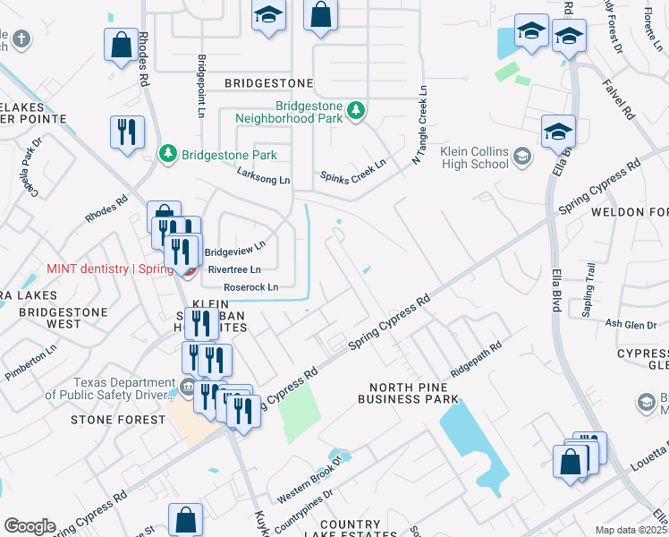 map of restaurants, bars, coffee shops, grocery stores, and more near 19410 Sanctuary Place Drive in Spring