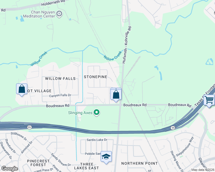 map of restaurants, bars, coffee shops, grocery stores, and more near 20202 Pine Water Lane in Tomball