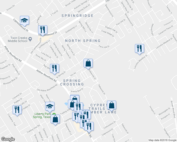 map of restaurants, bars, coffee shops, grocery stores, and more near 23847 Pebworth Place in Spring