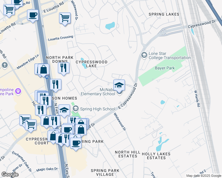 map of restaurants, bars, coffee shops, grocery stores, and more near 731 Cypresswood Cove in Spring